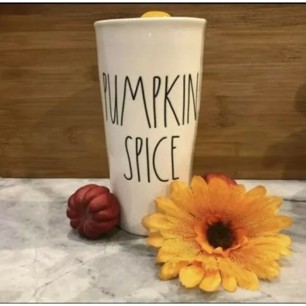 Rae Dunn PUMPKIN SPICE Ceramic Tumbler Travel Mug Cup W/ ORANGE Lid LL VHTF *New
